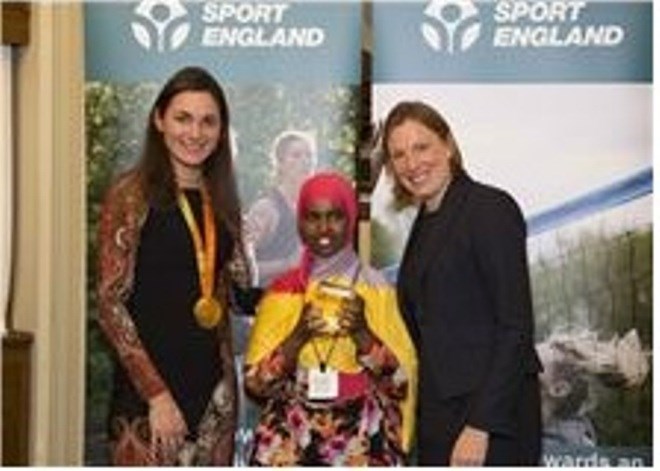 At the award ceremony are, left to right, Dame Sarah Storey, Rahmo Ali Adan and Minister for Sport, Tracey Crouch.