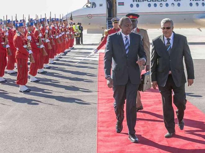 President Uhuru Kenyatta is received by Senior Morocco Government official on arrival at Marrakech International Airport in Morocco where he is scheduled to attend the COP22 Climate Change conference.Photo PSCU