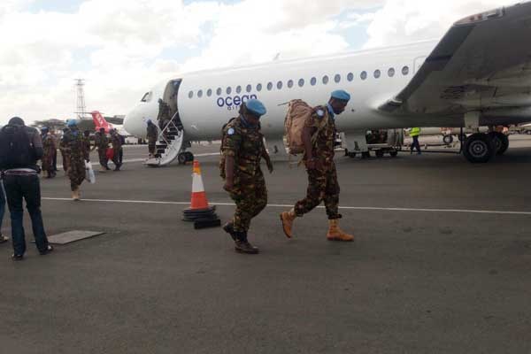 KDF soldiers pulled out of the South Sudan peacekeeping mission arrive at Jomo Kenyatta International Airport on November 9, 2016. PHOTO | STELLA CHERONO | NATION MEDIA GROUP