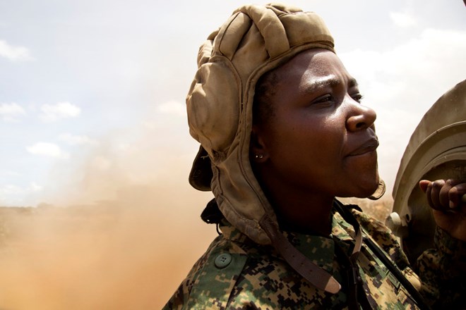 Tank technician Lt. Cpl. Juliet Uwimana at Arabiska Forward Operating Base in Somalia's Lower Shabelle region. (CHRISTINA GOLDBAUM | FOREIGN POLICY)