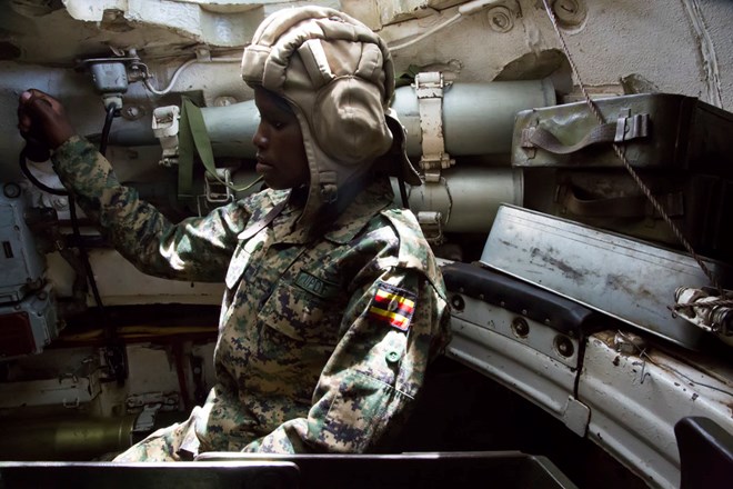 Lt. Cpl. Lehi Chebet prepares for a test drive at Arabiska Forward Operating Base. (CHRISTINA GOLDBAUM | FOREIGN POLICY)