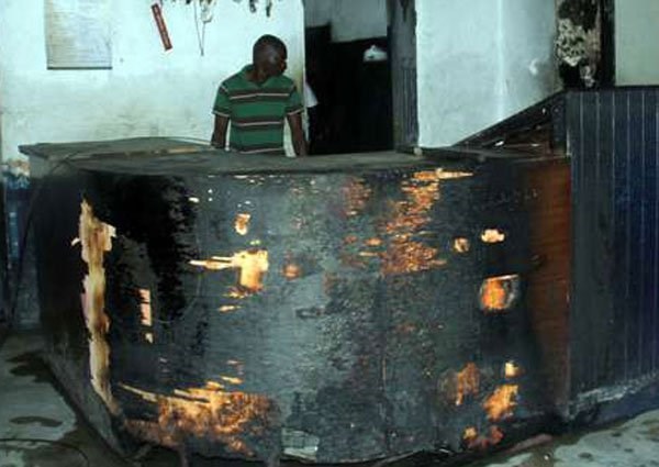 The section of the reception at central police station in Mombasa that was damaged after an attack on September 11, 2016. The attackers were killed and police are still investigating the suspects' links to terror groups. PHOTO | LABAN WALLOGA | NATION MEDIA GROUP
