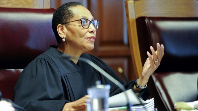 Sheila Abdus-Salaam, Associate Judge of the Court of Appeals, reacts during a case before the Court of Appeals, June 1, 2016, in Albany, New York.
