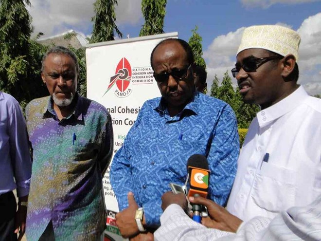 Garissa Senator Yussuf Haji, Northeastern regional coordinator Mohamud Saleh and Wajir South MP Abdullahi Diriye on August 28,2016 / FILE
