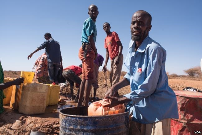 Mohamed Ibrahim Yassin scoops well water from a barrel to feed his remaining livestock in Somaliland region of Somalia, Feb. 9, 2017. (VOA/Jason Patinkin)