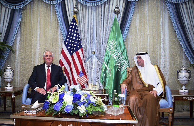 U.S. Secretary of State Rex Tillerson, left, meets with Saudi Foreign Minister Adel al-Jubeir in Jiddah, Saudi Arabia, Wednesday, July 12, 2017. Tillerson has held talks with the king of Saudi Arabia and other officials from the countries lined up against Qatar, but there has been no sign of a breakthrough so far in an increasingly entrenched dispute that has divided some of America's most important Mideast allies. (U.S. State Department, via AP)