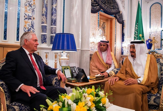 In this photo released by Saudi Press Agency, Saudi King Salman, right, receives U.S. Foreign Secretary Rex Tillerson, in Jiddah, Saudi Arabia, Wednesday, July 12, 2017. (Saudi Press Agency via AP)