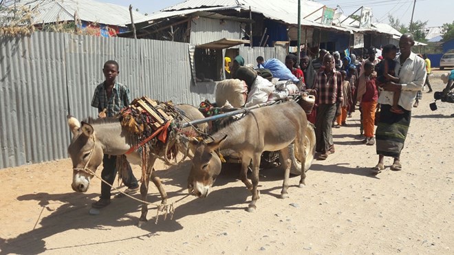 Refugees walk through Doolow town with all their possessions, headed to the border. [Fahmida Miller/Al Jazeera]