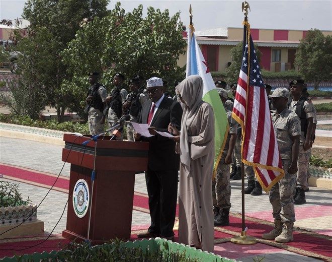 Mohamed Moalin Hassan, state minister for the ministry of internal security, Federal Government of Somalia, gives remarks during the opening ceremony for exercise Cutlass Express 2018 Jan. 31 in Djibouti, Djibouti. (U.S. Air National Guard Photo by Staff Sgt. Allyson Manners / Released)