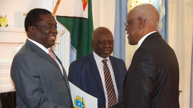 President Mnangagwa receives credentials from incoming Somali Ambassador to Zimbabwe Jamal Mohamed Barrow at State House in Harare yesterday. Looking on is Foreign Affairs and International Trade Secretary Ambassador Joey Bimha. — (Picture by Justin Mutenda)