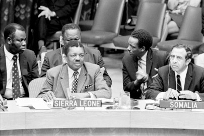 Seen listening to the debate are Mr. S.A.J. Pratt (left) Minister of External Affairs for Sierra Leone and Mr. Abdulrahim Abby Farah, Permanent Representative to the United Nations from Somalia.  06 October 1971. United Nations, New York. UN Photo/Teddy Chen