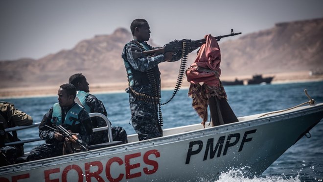Puntland Maritime Police Force on patrol off the coast of Bossaso in northern Somalia in late March, 2018. The PMPF has been tasked with fighting piracy, illegal fishing, and other criminal activity. (J. Patinkin/VOA)