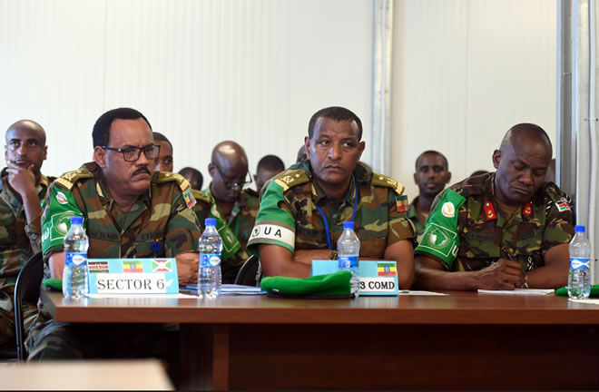 Senior officers from the African Union Mission in Somalia (AMISOM) attend the opening session of the AMISOM Sector Commanders' Conference to discuss and review the Concept of Operations in Mogadishu, Somalia, on 11 February 2019. AMISOM Photo / Omar Abdisalan