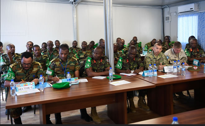 Senior officers from the African Union Mission in Somalia (AMISOM) and other international partners attend the opening session of the AMISOM Sector Commanders' Conference to discuss and review the Concept of Operations in Mogadishu, Somalia, on 11 February 2019. AMISOM Photo / Omar Abdisalan