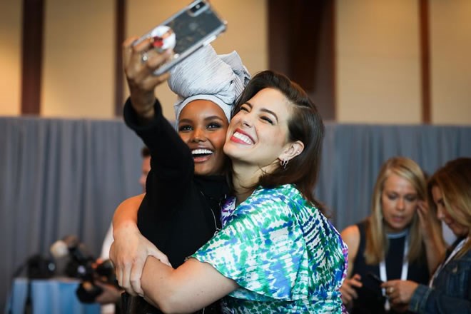 Models Halima Aden and Ashley Graham pose at Forbes' 2019 Women's Summit. Julia Ferrier