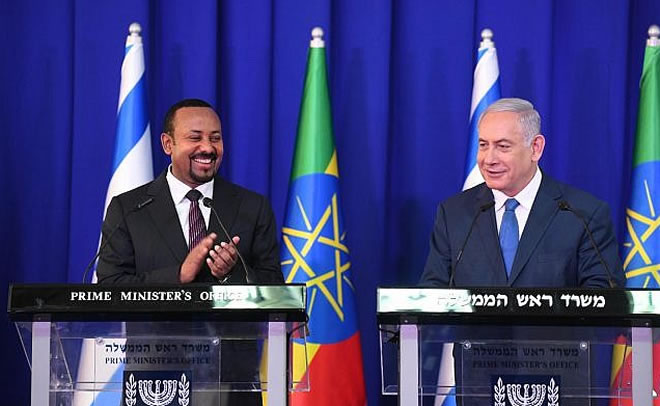 Prime Minister Benjamin Netanyahu (R) and Ethiopian Prime Minister Abiy Ahmed speak at a press conference at the Prime Minister’s Office on September 1, 2019. (Amos Ben Gershom/PMO)