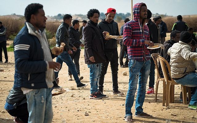 Eritrean asylum seekers outside the Holot detention facility in southern Israel, January 29, 2018. (Luke Tress/Times of Israel)