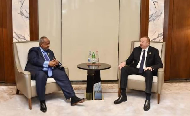 Djibouti President President Ismail Omar Guelleh and his Azerbaijan counterpart Illham Aliyev hold talks on the sidelines the 18th Summit of Heads of State and Government of the Non-Aligned Movement in Baku, Indonesia Image: COURTESY