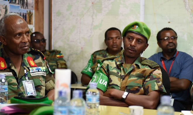 Senior military officers from AMISOM meet with Maj. Gen. Nakibus Lakara, the AMISOM Deputy Force Commander, during a working visit in Beletweyne, Somalia on 15 September 2019. AMISOM Photo / Steven Candia
