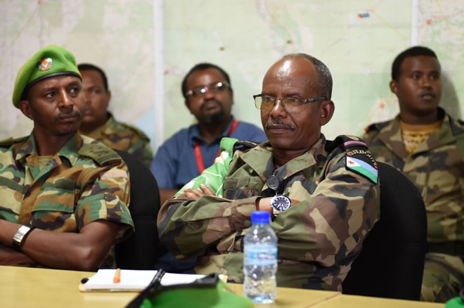 Senior military officers from AMISOM meet with Maj. Gen. Nakibus Lakara, the AMISOM Deputy Force Commander, during a working visit in Beletweyne, Somalia on 15 September 2019. AMISOM Photo / Steven Candia